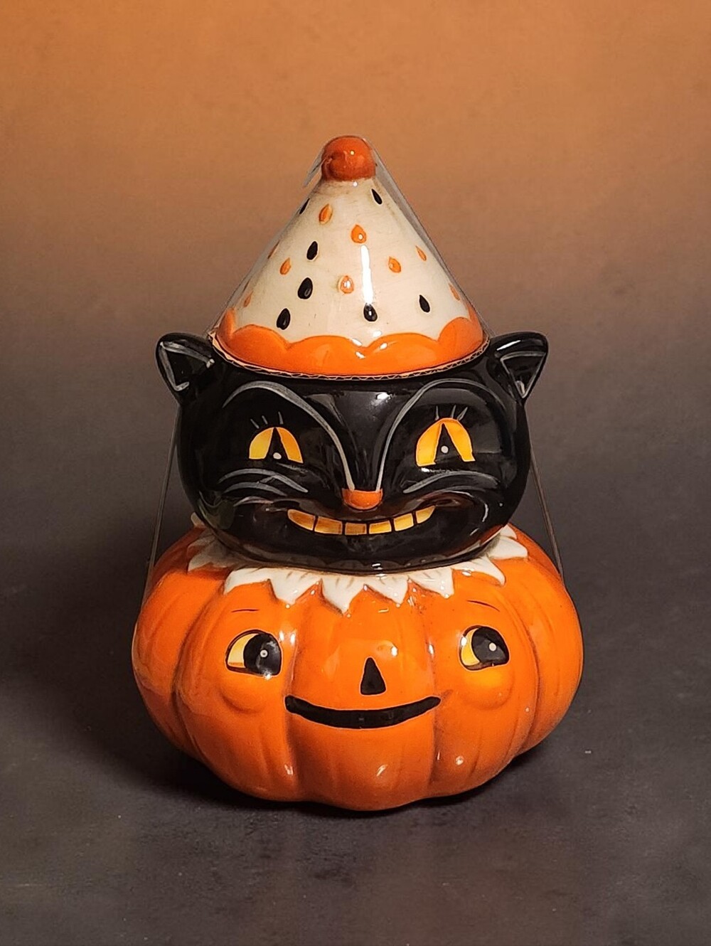 Johanna Parker Halloween Black Cat on Orange Pumpkin Ceramic Canister Jar, NEW